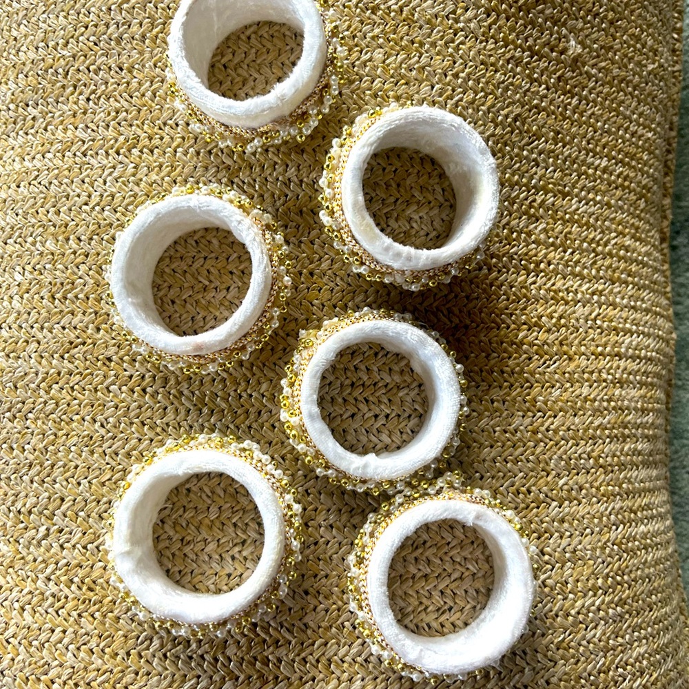 Six Elegant Embroidered Napkin holders with Gold Rings